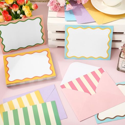 JarThenaAMCS 60 Pcs Flat Blank Notes with Envelopes 6 Colors Stripes Wavy Border Stationery Set Pastel Squiggled Non Folding Note Cards for Baby Shower Birthday Wedding Invitation Thank You Notes in Kuwait