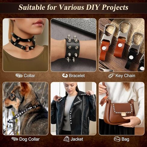 Jollidecor 756 قطعة ترصيع فاسق للملابس، 12 حجم مسامير معدنية ومسامير جلدية للحرف اليدوية مربعة الهرم ترصيع قبة مستديرة المسامير شيكاغو مسامير DIY نمط فاسق المسامير للملابس طوق الكلب in Kuwait