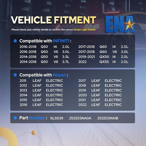 ENA مفتاح ضوء الفرامل متوافق مع إنفينيتي نيسان Q50 Q60 QX50 QX55 Leaf 2.0L 3.0L 3.5L 3.7L l4 V6 2011 2012 2013 2014 2015 2016 2017 2018 2019 2020 2021 2022 يستبدل SLS539 مع 4 دبابيس in Kuwait