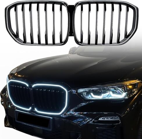 شبكة الكلى المضيئة الأمامية متوافقة مع سيارة BMW G05 X5 xDrive 2019-2023 - شبكة سوداء لامعة مزدوجة الشرائح مع ضوء تشغيل نهاري LED أبيض وحزام الأسلاك in Kuwait
