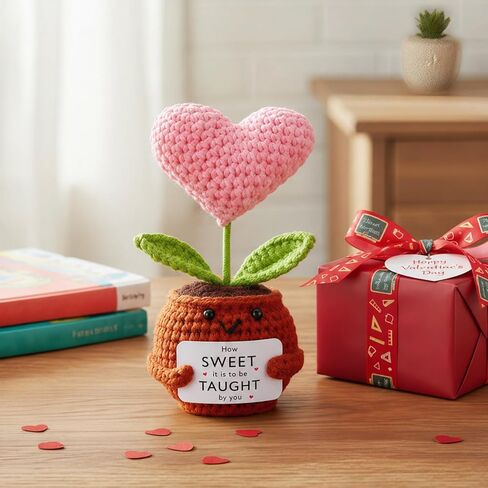 Kathfly Teacher Graduation Thank You Gifts for Mentors Handmade Crochet Heart Flower with Encouraging Card Cute Classroom Desk Decor Small Appreciation Gift for Teachers Professors in Kuwait