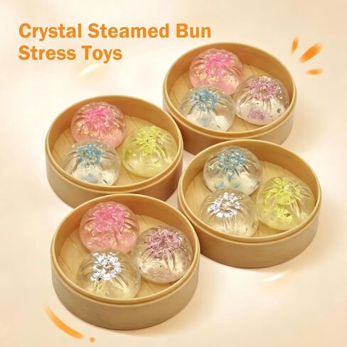 12 Pack Mini Glitter Dumpling Squishy Toys (4 Steamer Sets), Clear Slow Rising Squeeze Toys, Random Color Stress Relief Fidget Toys for Adults & Teens, Cute Desk Decor & Party Favors in Kuwait