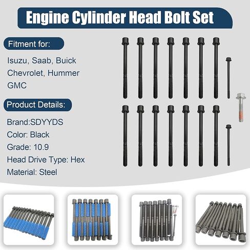 ES71334 Engine Cylinder Head Bolt Set Compatible with Isuzu I-280 I-290 I-350 I-370 Ascender,Saab 9-7X,Buick Rainier,Chevy Colorado Trailblazer,Hummer H3 H3T, GMC Canyon Envoy Replaces 11609709 in Kuwait