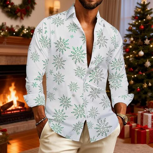 Mens Christmas Shirt Xmas Snowflake Tree Long Sleeve Button Down Shirts Stylish Festival Themed Party in Saudi Arabia
