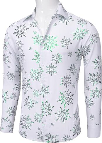 Mens Christmas Shirt Xmas Snowflake Tree Long Sleeve Button Down Shirts Stylish Festival Themed Party in Saudi Arabia