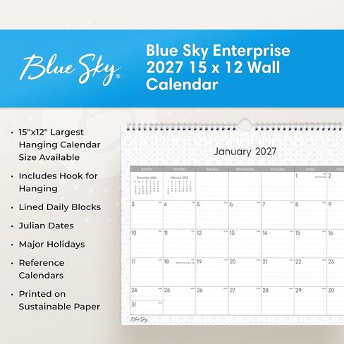 Blue Sky 2027 Monthly Wall Calendar, January 2027 - December 2027, Durable Twin Wire Binding, 15" x 12", Perfect For Home, Office And Classrooms, Enterprise in Kuwait