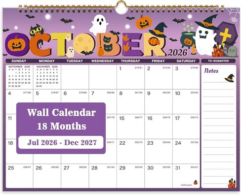 Calendar 2026-2027, 18 Month Wall Calendar July 2026 to December 2027, 14.8" X 11.5", Calendar with Twin-Wire Binding, Hanging Hook and Julian Dates for Home or Office (Seasonal Designs) in Kuwait