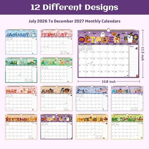 Calendar 2026-2027, 18 Month Wall Calendar July 2026 to December 2027, 14.8" X 11.5", Calendar with Twin-Wire Binding, Hanging Hook and Julian Dates for Home or Office (Seasonal Designs) in Kuwait