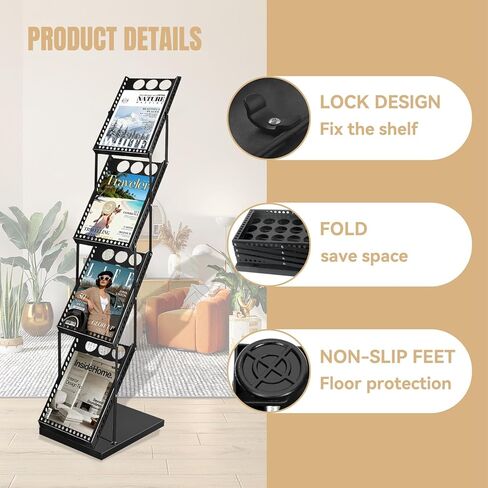 WEWLINE Foldable Magazine Brochure Display Rack, Literature Catalog Rack, Floor-standing Magazine Holder for Office Store, Exhibition and Trade Show (4 Pockets) in Saudi Arabia