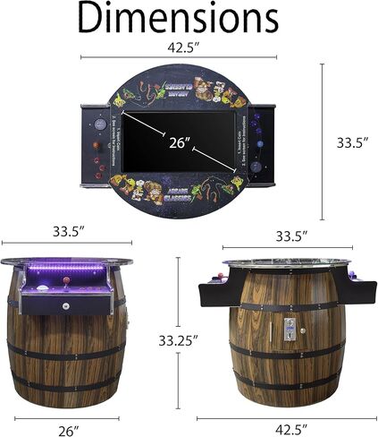 Retro Barrel Style Arcade Game – 2 Player Cocktail Cabinet with 516 Classic Games – 26" LCD Screen, Trackball Controls, Adjustable LED Lights – Pre-Assembled Heavy-Duty Coin/Free Play Cabinet in Saudi Arabia