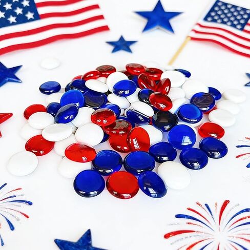 150 Pieces Red Blue White Glass Gemstone Beads Patriotic Vase Fillers Stone Independence Day Bowl Filler Gems Flat Marble Beads Glass Gem Pebbles for Home Decoration (Red Bule and White) in Saudi Arabia