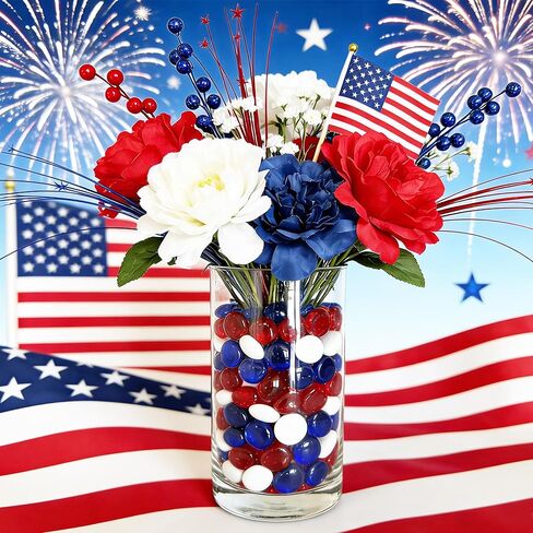150 Pieces Red Blue White Glass Gemstone Beads Patriotic Vase Fillers Stone Independence Day Bowl Filler Gems Flat Marble Beads Glass Gem Pebbles for Home Decoration (Red Bule and White) in Saudi Arabia