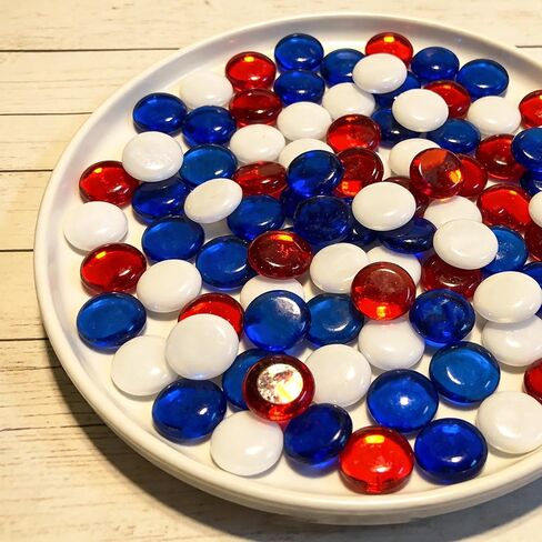 150 Pieces Red Blue White Glass Gemstone Beads Patriotic Vase Fillers Stone Independence Day Bowl Filler Gems Flat Marble Beads Glass Gem Pebbles for Home Decoration (Red Bule and White) in Saudi Arabia