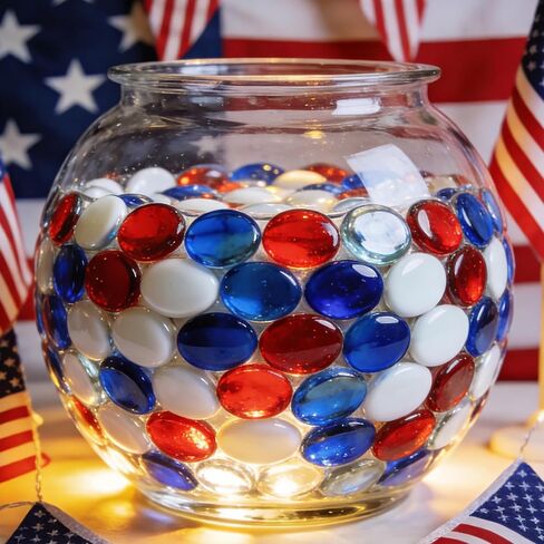 150 Pieces Red Blue White Glass Gemstone Beads Patriotic Vase Fillers Stone Independence Day Bowl Filler Gems Flat Marble Beads Glass Gem Pebbles for Home Decoration (Red Bule and White) in Saudi Arabia