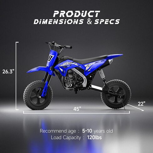 HEIMILI Kids Electric Dirt Bike, 24V Ride on Motorcycle for Kids 6+, Off-Road Toy with Rear Suspension, 12" Pneumatic Tires, Drum Brake, Bluetooth Music, Max 11MPH(Blue, 12" Tire) in Saudi Arabia