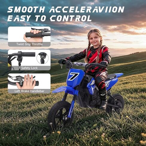 HEIMILI Kids Electric Dirt Bike, 24V Ride on Motorcycle for Kids 6+, Off-Road Toy with Rear Suspension, 12" Pneumatic Tires, Drum Brake, Bluetooth Music, Max 11MPH(Blue, 12" Tire) in Saudi Arabia