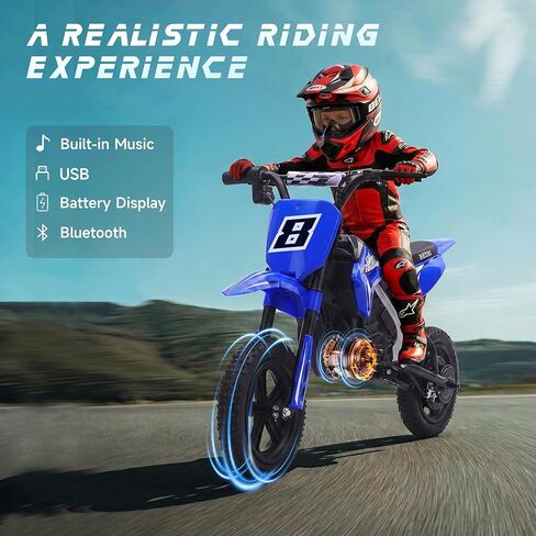 HEIMILI Kids Electric Dirt Bike, 24V Ride on Motorcycle for Kids 6+, Off-Road Toy with Rear Suspension, 12" Pneumatic Tires, Drum Brake, Bluetooth Music, Max 11MPH(Blue, 12" Tire) in Saudi Arabia