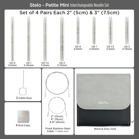KnitPro Stelo Petite Mini Interchangeable Needle Set 2" (5cm) & 3" (7.5cm) | 4 US Sizes (0 to 2) in Saudi Arabia