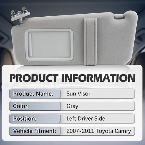 Left Driver Side Sun Visor Fits for Toyota Camry 2007 2008 2009 2010 2011 Replacement Number 74320-06780-B0 0400230506B0 (Gray) in Saudi Arabia