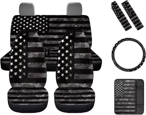 8 Pcs Gray American Flag Car Accessories Set, Car Seat Covers Full Set with Auto Steering Wheel Cover Center Console Pad Seat Belt Covers, Patriotic Decorations in Saudi Arabia