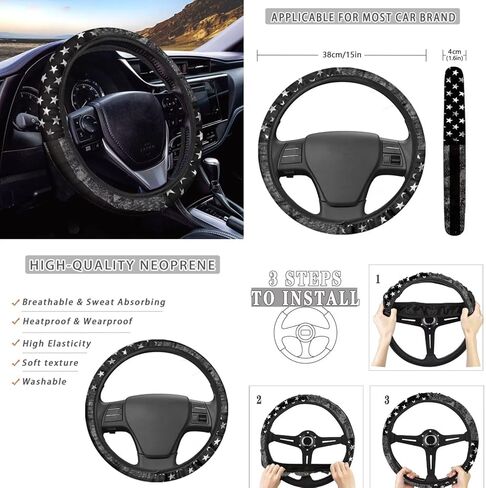 8 Pcs Gray American Flag Car Accessories Set, Car Seat Covers Full Set with Auto Steering Wheel Cover Center Console Pad Seat Belt Covers, Patriotic Decorations in Saudi Arabia