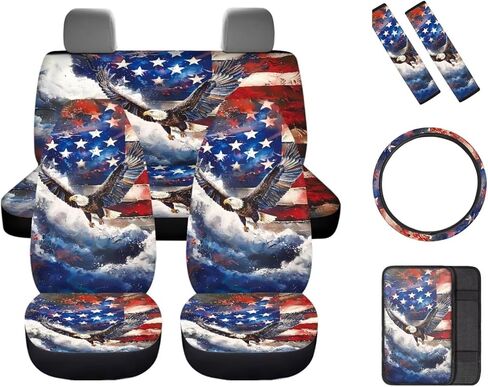8 Pcs Gray American Flag Car Accessories Set, Car Seat Covers Full Set with Auto Steering Wheel Cover Center Console Pad Seat Belt Covers, Patriotic Decorations in Saudi Arabia