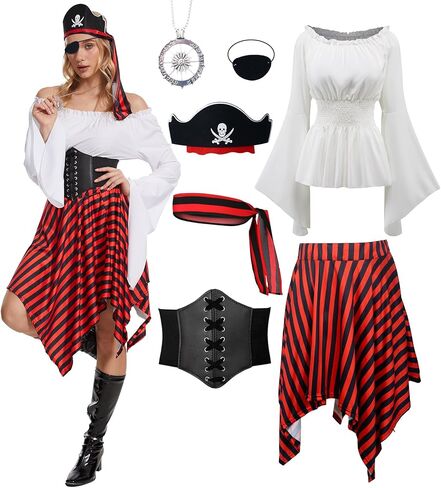 7 Pcs Women Pirate Costume Renaissance Shirt Medieval Dress with Compass Necklace Medieval Pirate Set in Saudi Arabia