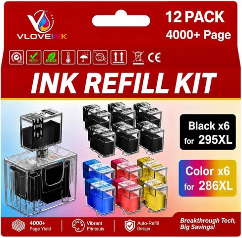 PG-295XL CL-286XL Ink Refill Kit for Canon PG-295 CL-286 PG-295XL CL-286XL Ink Cartridges Compatible for 295XL 286XL Compatible with TS4320 TS6520 TR7120 Printer Ink (12-Pack, 6BK/2C/2M/2Y) in Saudi Arabia