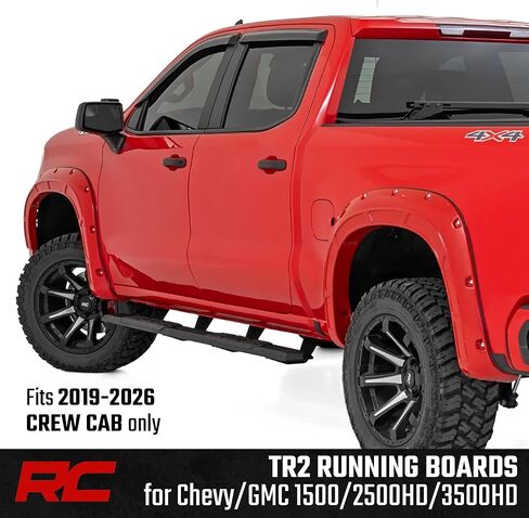 لوحات تشغيل Rough Country TR2 لسيارة Chevy Silverado وGMC Sierra 1500/2500HD/3500HD Crew Cab (2019-2026) - خطوات جانبية من الألومنيوم بطول الكابينة بعرض 5 بوصات in Kuwait