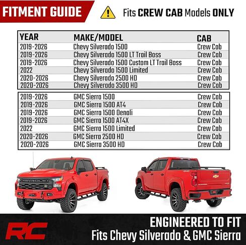 لوحات تشغيل Rough Country TR2 لسيارة Chevy Silverado وGMC Sierra 1500/2500HD/3500HD Crew Cab (2019-2026) - خطوات جانبية من الألومنيوم بطول الكابينة بعرض 5 بوصات in Kuwait