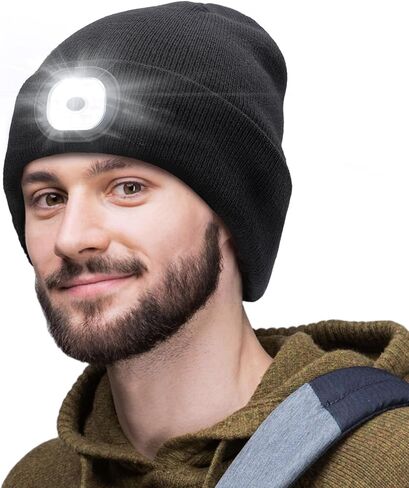 Gifts for Men, Stocking Stuffers for Adults Men LED Beanie Hat with Light, Dad Mens Gifts for Christmas, Unisex Winter Knitted Cap Gifts for Men Dad Husband Him Black in Saudi Arabia