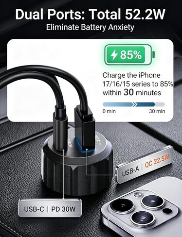 محول USB ولاعة السيارة، شاحن سيارة USB C بقدرة 52.5 وات شحن سريع لهاتف iPhone 17 16 Pro Max Samsung S26 S25، محول شاحن سيارة سريع الشحن 30 وات PD (يتضمن الكابل) in Kuwait