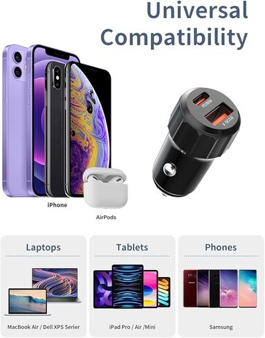 محول USB ولاعة السيارة، شاحن سيارة USB C بقدرة 52.5 وات شحن سريع لهاتف iPhone 17 16 Pro Max Samsung S26 S25، محول شاحن سيارة سريع الشحن 30 وات PD (يتضمن الكابل) in Kuwait