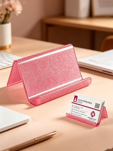 1-Pack Business Card Holder for Desk - Pink Bling Acrylic Card Holder for Desk Business Cards - Desktop Credit Name Card Stand Organizer Cards Display for Office Exhibition in Kuwait