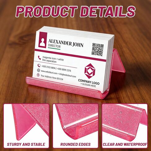 1-Pack Business Card Holder for Desk - Pink Bling Acrylic Card Holder for Desk Business Cards - Desktop Credit Name Card Stand Organizer Cards Display for Office Exhibition in Kuwait
