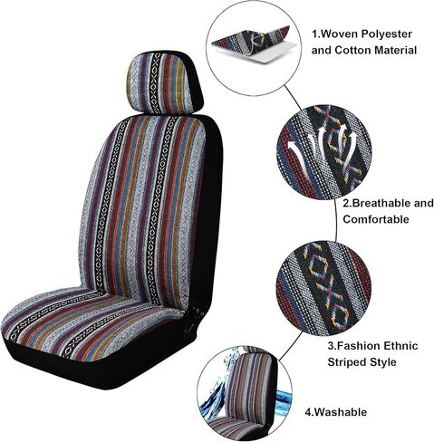 Baja Saddle Blanket Car Seat Covers, Boho Striped Woven Front Seat Protectors, Breathable & Washable Interior Covers, Universal Fit for Most Cars SUVs Trucks, Airbag Compatible, Flower, 8 pcs. in Saudi Arabia