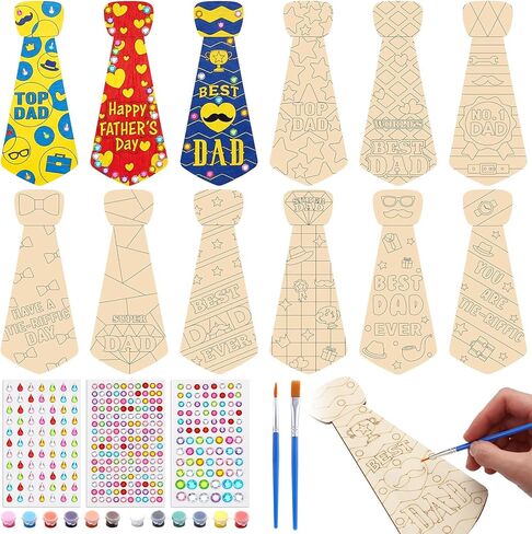 Eaasty 12 Set Father's Day DIY Crafts Wooden Trophy Craft Kit Make Your Own Father's Day Trophy Craft Gifts Bulk with Acrylic Rhinestone Stickers Paint for Dad Grandpa Family Home Activities Supplies in Kuwait