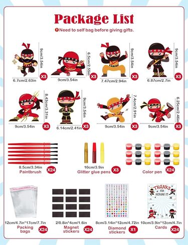 24 Set Ninja Party Favors - with Magnets Diamond Stickers Glitter Glue Pens - Karate Party Favors for Kids - Non-Toxic DIY Wooden Ninja Paint Crafts - Goodie Bags Gifts Prizes for Kids Boys Toddler in Saudi Arabia