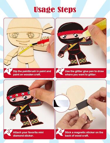 24 Set Ninja Party Favors - with Magnets Diamond Stickers Glitter Glue Pens - Karate Party Favors for Kids - Non-Toxic DIY Wooden Ninja Paint Crafts - Goodie Bags Gifts Prizes for Kids Boys Toddler in Saudi Arabia