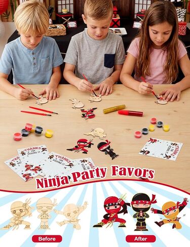 24 Set Ninja Party Favors - with Magnets Diamond Stickers Glitter Glue Pens - Karate Party Favors for Kids - Non-Toxic DIY Wooden Ninja Paint Crafts - Goodie Bags Gifts Prizes for Kids Boys Toddler in Saudi Arabia