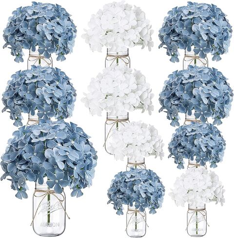 Hydrangea Flower in Mason Jars, 10 Set Blue White Floral Arrangements Table Centerpieces Decor Glass Flowers Vases for Home Party Wedding Bridal Shower Graduation Boho Decorative in Kuwait