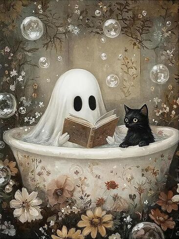 ijbnhd Halloween Diamond Art Kits for Adults, 5D DIY Ghosts Diamond Painting Kits for Beginners, Diamond Dots Kits Black Cats Gem Arts Crafts for Home Wall Decor 12x16in in Kuwait