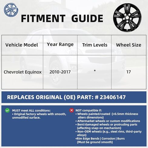 17 Inch Black Wheel Skins Compatible with 2010-2017 Chevrolet Equinox, Fits OEM 17" Factory 5 Double-Spoke Alloy Wheels #23406147, OEM Style Snap-On Wheel Covers 4-Pack in Kuwait