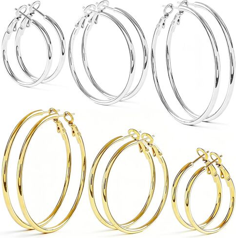 6 Pairs Silver Gold Hoop Earrings for Women - 14K Gold Plated 316 Stainless Steel, Hypoallergenic Lightweight 30/40/50 mm Hoops Set in Saudi Arabia