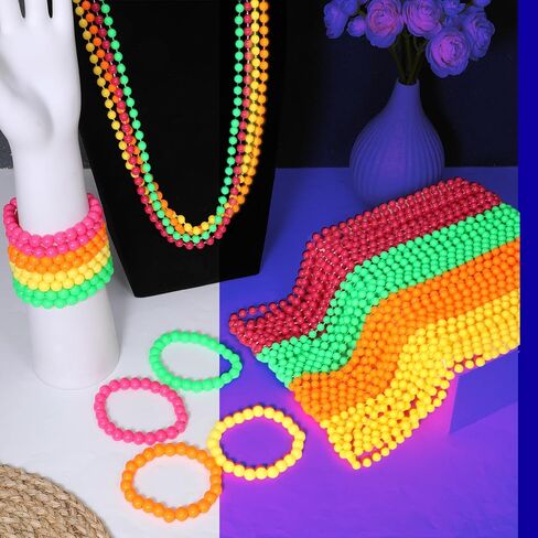 64 Pcs Glow In The Dark Bead Necklaces Bracelets Set, 32 Pcs UV Neon Glow Black Light Necklaces 32 Bracelets 80s Costume Accessories Necklace Set for Birthday, Party, Wedding, Concert in Kuwait