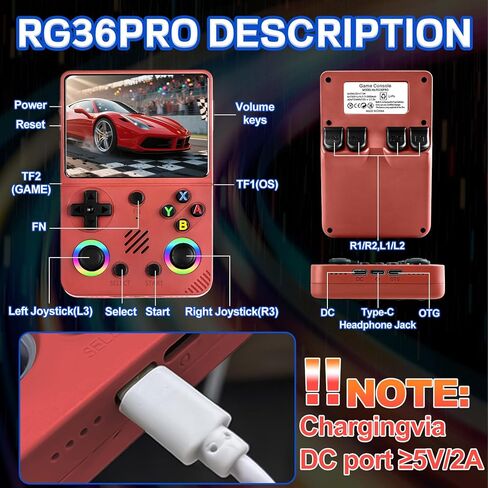 وحدة تحكم ألعاب محمولة RG36PRO - تدعم 30000+ ألعاب كلاسيكية، بطاقة TF 64 جيجا، نظام مفتوح المصدر، شاشة 3.5 بوصة، بطارية 3000 مللي أمبير، وحدة تحكم محمولة للسفر، هدية للكبار أو الشريك - أحمر in Kuwait