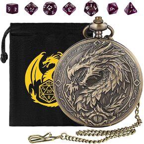 مجموعة نرد DND صغيرة مع حافظة ساعة جيب كبيرة الحجم Steampunk Dragon، نرد D&D أكريليك متعدد السطوح 7 قطع، حقيبة هدايا DND مع شعار تنين، ملحقات ألعاب لوحة لعب الأدوار، برونزي + أخضر in Kuwait