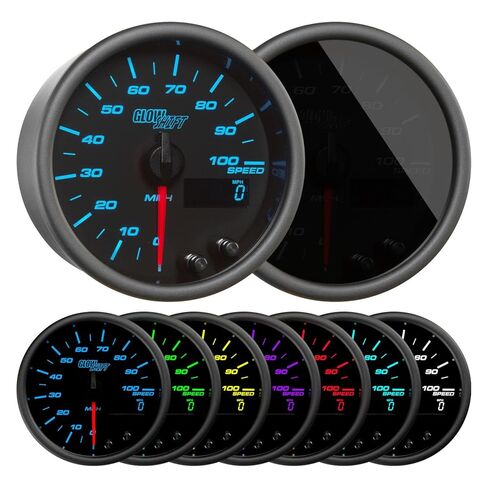GlowShift Tinted 7 Color 100 MPH Speedometer Gauge - Mounts in Custom Dashboard - Odometer - Resettable Trip Meter - Black Dial - Smoked Lens - 3-3/8" 85mm in Saudi Arabia