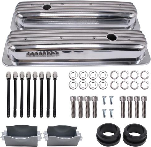 Finned Polished Aluminum Short Valve Covers Center Bolt Short Valve Covers Compatible with SBC 350 5.7 5.0 V8 1987-97 in Kuwait
