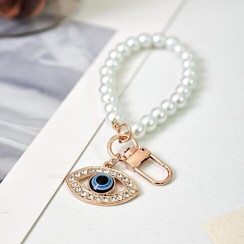 2-Pack Turkish Devil's Eye Keychain Wristlet Phone Charm Set, Hamsa Hand and Turkish Blue Eyes Crystal Beaded Bracelet Key Holder, Pearl Chain Rhinestone Accessories 3 in 1 in Saudi Arabia